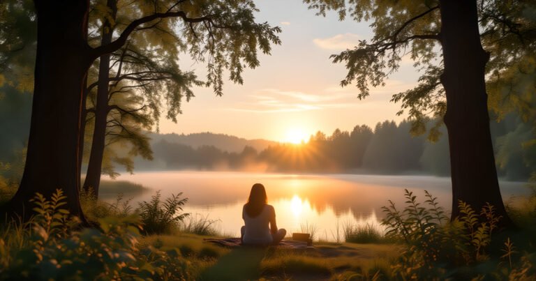 Woman by the lake breathing and facing the sunrise