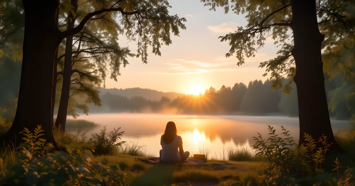 Woman by the lake breathing and facing the sunrise