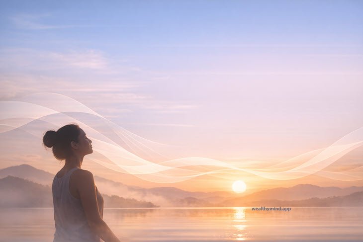 Woman breathing and meditating by the lake, sun is rising over low mountains